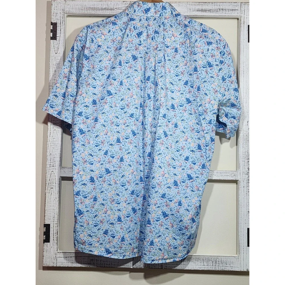 Peter Millar Mens Blue Pirate Nautical Skull Rum Print Short Sleeve Shirt L